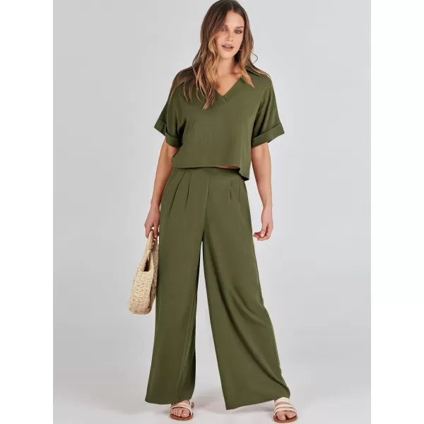 imageANRABESS Womens 2 Piece Outfits Lounge Sets 2024 Summer Short Sleeve V Neck Crop Top Wide Leg Pants Casual Resort WearArmy Green
