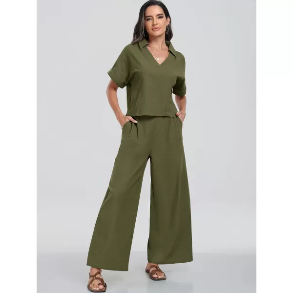 imageANRABESS Womens 2 Piece Outfits Lounge Sets 2024 Summer Short Sleeve V Neck Crop Top Wide Leg Pants Casual Resort WearArmy Green