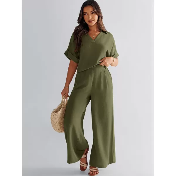imageANRABESS Womens 2 Piece Outfits Lounge Sets 2024 Summer Short Sleeve V Neck Crop Top Wide Leg Pants Casual Resort WearArmy Green