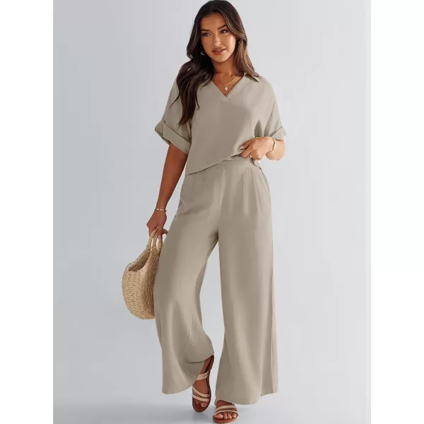 imageANRABESS Womens 2 Piece Outfits Lounge Sets 2024 Summer Short Sleeve V Neck Crop Top Wide Leg Pants Casual Resort WearBeige