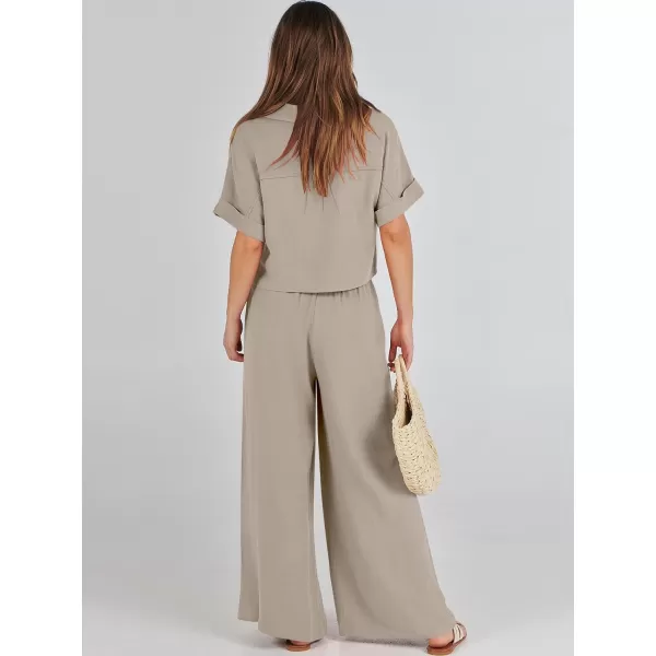 imageANRABESS Womens 2 Piece Outfits Lounge Sets 2024 Summer Short Sleeve V Neck Crop Top Wide Leg Pants Casual Resort WearBeige