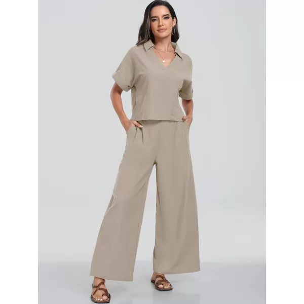 imageANRABESS Womens 2 Piece Outfits Lounge Sets 2024 Summer Short Sleeve V Neck Crop Top Wide Leg Pants Casual Resort WearBeige