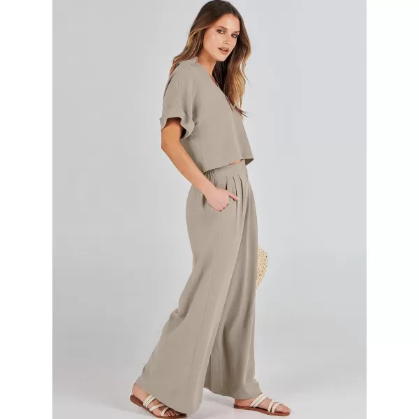 imageANRABESS Womens 2 Piece Outfits Lounge Sets 2024 Summer Short Sleeve V Neck Crop Top Wide Leg Pants Casual Resort WearBeige