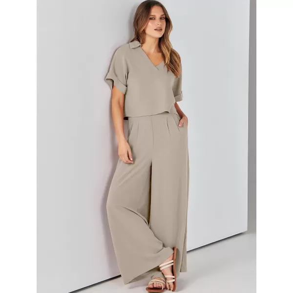 imageANRABESS Womens 2 Piece Outfits Lounge Sets 2024 Summer Short Sleeve V Neck Crop Top Wide Leg Pants Casual Resort WearBeige