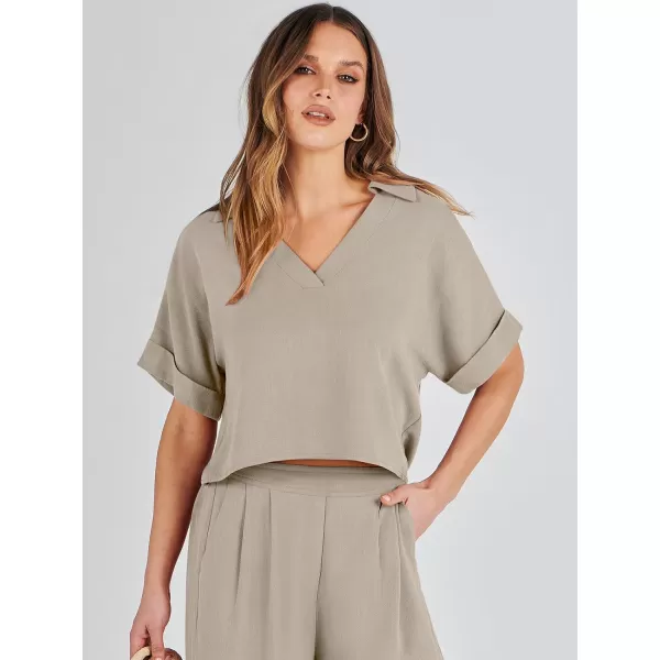 imageANRABESS Womens 2 Piece Outfits Lounge Sets 2024 Summer Short Sleeve V Neck Crop Top Wide Leg Pants Casual Resort WearBeige