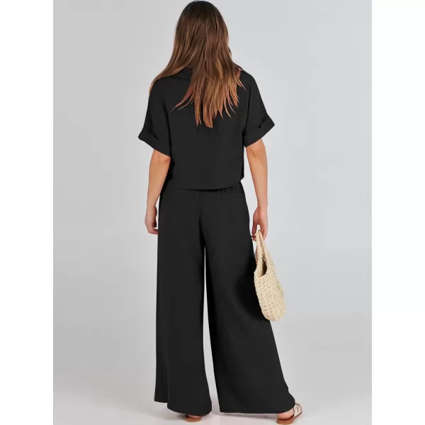 imageANRABESS Womens 2 Piece Outfits Lounge Sets 2024 Summer Short Sleeve V Neck Crop Top Wide Leg Pants Casual Resort WearBlack