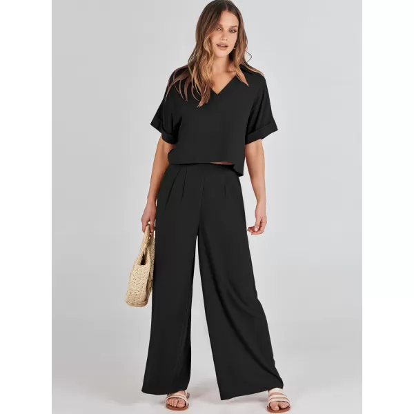 imageANRABESS Womens 2 Piece Outfits Lounge Sets 2024 Summer Short Sleeve V Neck Crop Top Wide Leg Pants Casual Resort WearBlack