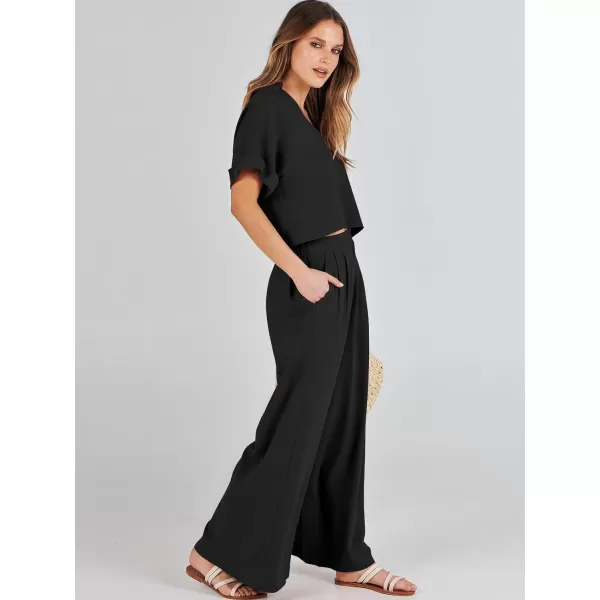 imageANRABESS Womens 2 Piece Outfits Lounge Sets 2024 Summer Short Sleeve V Neck Crop Top Wide Leg Pants Casual Resort WearBlack