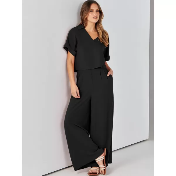 imageANRABESS Womens 2 Piece Outfits Lounge Sets 2024 Summer Short Sleeve V Neck Crop Top Wide Leg Pants Casual Resort WearBlack