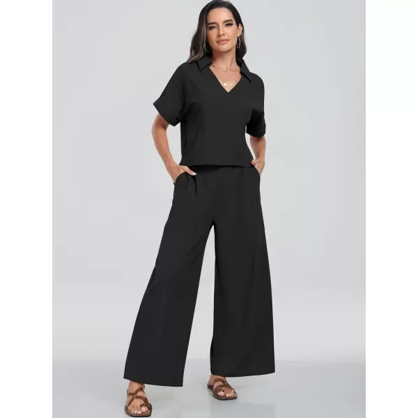 imageANRABESS Womens 2 Piece Outfits Lounge Sets 2024 Summer Short Sleeve V Neck Crop Top Wide Leg Pants Casual Resort WearBlack