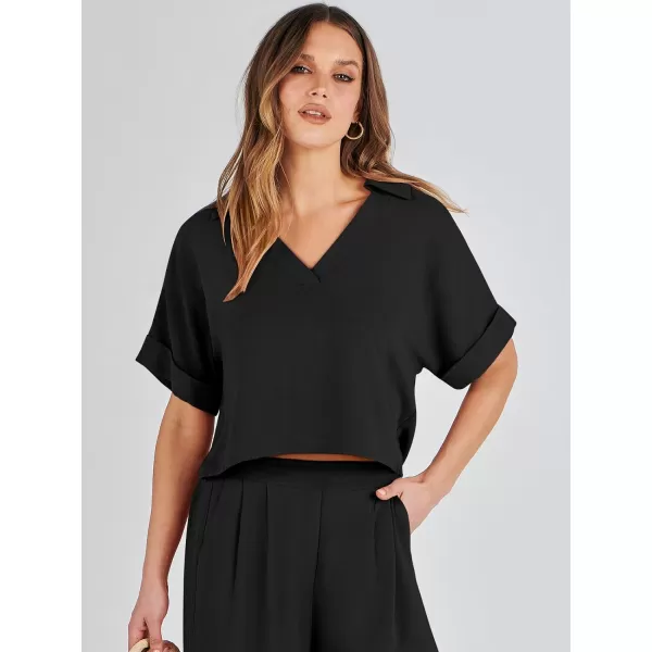 imageANRABESS Womens 2 Piece Outfits Lounge Sets 2024 Summer Short Sleeve V Neck Crop Top Wide Leg Pants Casual Resort WearBlack