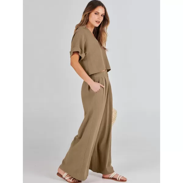 imageANRABESS Womens 2 Piece Outfits Lounge Sets 2024 Summer Short Sleeve V Neck Crop Top Wide Leg Pants Casual Resort WearBrown