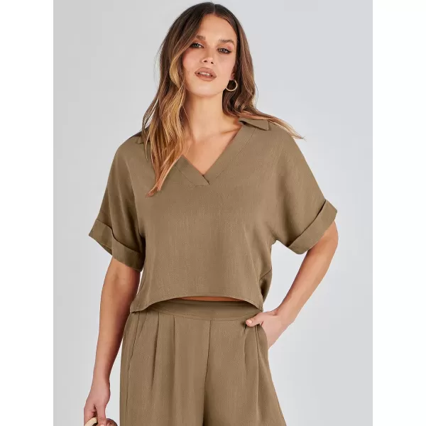 imageANRABESS Womens 2 Piece Outfits Lounge Sets 2024 Summer Short Sleeve V Neck Crop Top Wide Leg Pants Casual Resort WearBrown