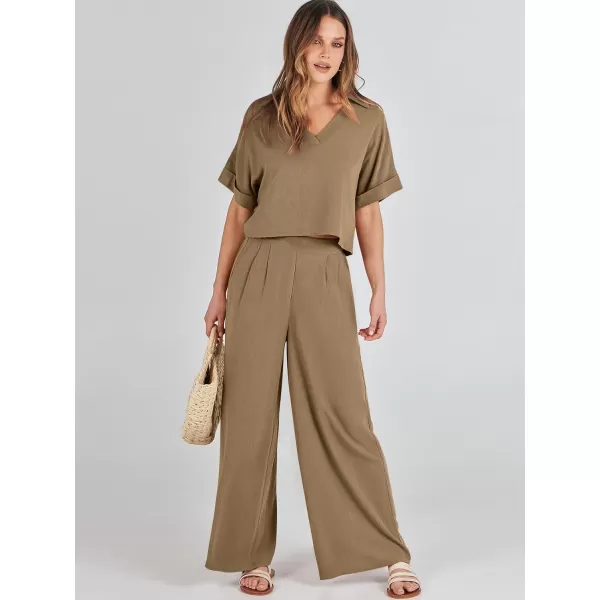 imageANRABESS Womens 2 Piece Outfits Lounge Sets 2024 Summer Short Sleeve V Neck Crop Top Wide Leg Pants Casual Resort WearBrown