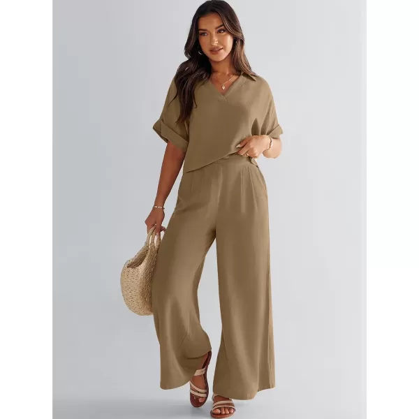 imageANRABESS Womens 2 Piece Outfits Lounge Sets 2024 Summer Short Sleeve V Neck Crop Top Wide Leg Pants Casual Resort WearBrown
