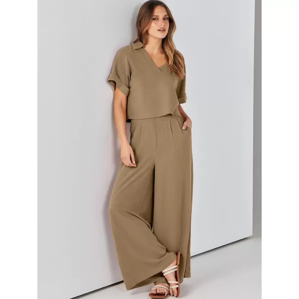 imageANRABESS Womens 2 Piece Outfits Lounge Sets 2024 Summer Short Sleeve V Neck Crop Top Wide Leg Pants Casual Resort WearBrown