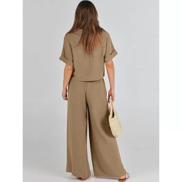imageANRABESS Womens 2 Piece Outfits Lounge Sets 2024 Summer Short Sleeve V Neck Crop Top Wide Leg Pants Casual Resort WearBrown