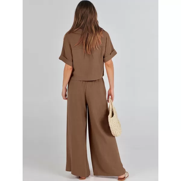 imageANRABESS Womens 2 Piece Outfits Lounge Sets 2024 Summer Short Sleeve V Neck Crop Top Wide Leg Pants Casual Resort WearCoffee