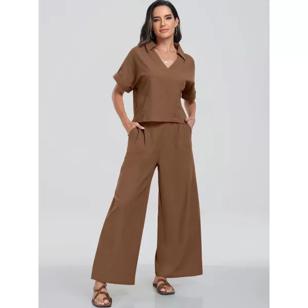 imageANRABESS Womens 2 Piece Outfits Lounge Sets 2024 Summer Short Sleeve V Neck Crop Top Wide Leg Pants Casual Resort WearCoffee
