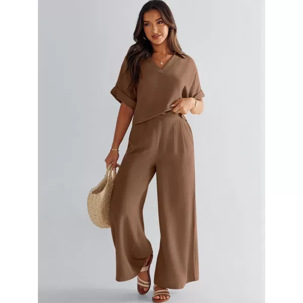 imageANRABESS Womens 2 Piece Outfits Lounge Sets 2024 Summer Short Sleeve V Neck Crop Top Wide Leg Pants Casual Resort WearCoffee