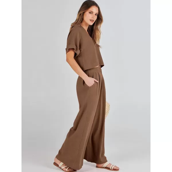 imageANRABESS Womens 2 Piece Outfits Lounge Sets 2024 Summer Short Sleeve V Neck Crop Top Wide Leg Pants Casual Resort WearCoffee