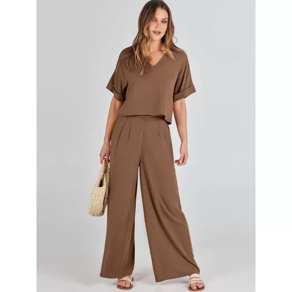 imageANRABESS Womens 2 Piece Outfits Lounge Sets 2024 Summer Short Sleeve V Neck Crop Top Wide Leg Pants Casual Resort WearCoffee