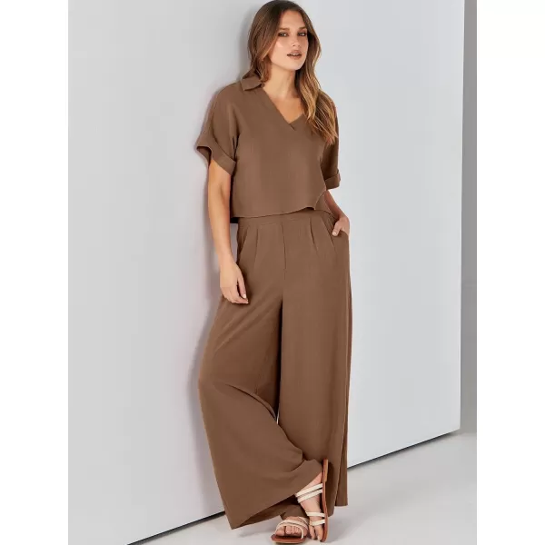 imageANRABESS Womens 2 Piece Outfits Lounge Sets 2024 Summer Short Sleeve V Neck Crop Top Wide Leg Pants Casual Resort WearCoffee