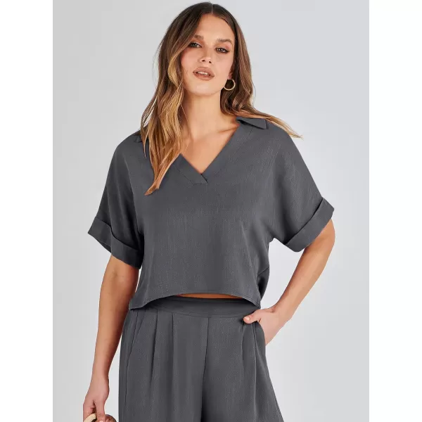 imageANRABESS Womens 2 Piece Outfits Lounge Sets 2024 Summer Short Sleeve V Neck Crop Top Wide Leg Pants Casual Resort WearGrey
