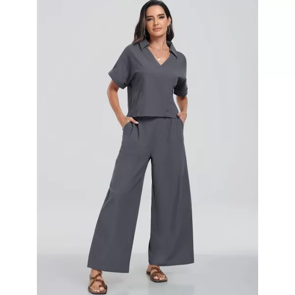 imageANRABESS Womens 2 Piece Outfits Lounge Sets 2024 Summer Short Sleeve V Neck Crop Top Wide Leg Pants Casual Resort WearGrey