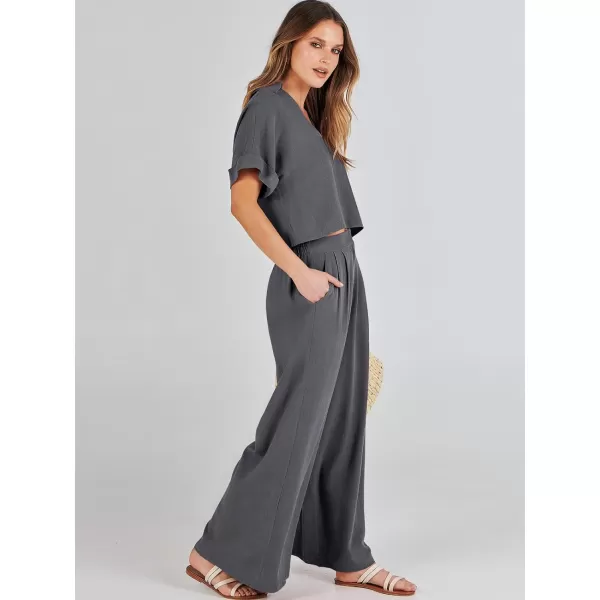 imageANRABESS Womens 2 Piece Outfits Lounge Sets 2024 Summer Short Sleeve V Neck Crop Top Wide Leg Pants Casual Resort WearGrey