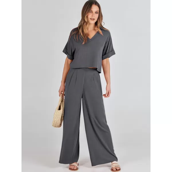 imageANRABESS Womens 2 Piece Outfits Lounge Sets 2024 Summer Short Sleeve V Neck Crop Top Wide Leg Pants Casual Resort WearGrey