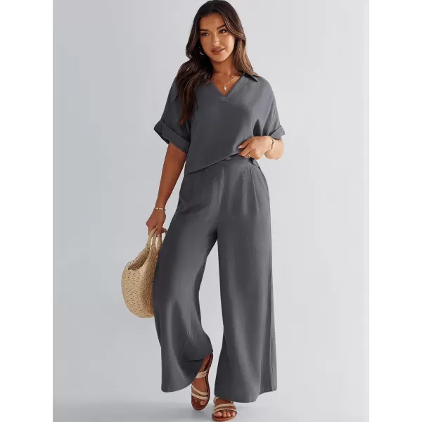 imageANRABESS Womens 2 Piece Outfits Lounge Sets 2024 Summer Short Sleeve V Neck Crop Top Wide Leg Pants Casual Resort WearGrey