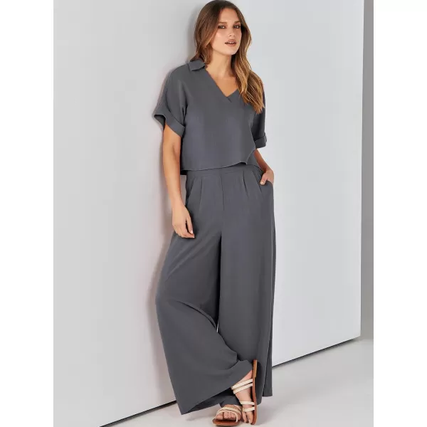 imageANRABESS Womens 2 Piece Outfits Lounge Sets 2024 Summer Short Sleeve V Neck Crop Top Wide Leg Pants Casual Resort WearGrey