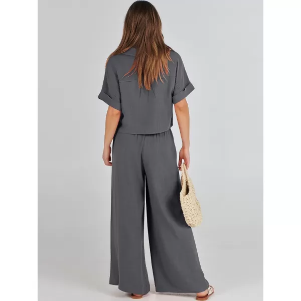 imageANRABESS Womens 2 Piece Outfits Lounge Sets 2024 Summer Short Sleeve V Neck Crop Top Wide Leg Pants Casual Resort WearGrey