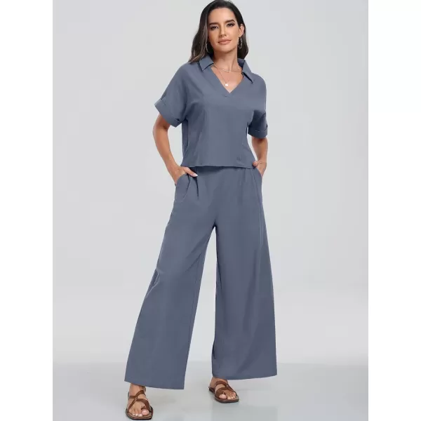 imageANRABESS Womens 2 Piece Outfits Lounge Sets 2024 Summer Short Sleeve V Neck Crop Top Wide Leg Pants Casual Resort WearGrey Blue