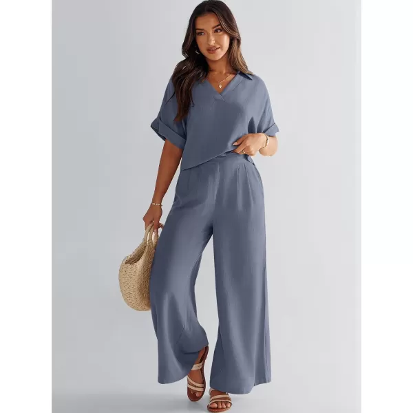 imageANRABESS Womens 2 Piece Outfits Lounge Sets 2024 Summer Short Sleeve V Neck Crop Top Wide Leg Pants Casual Resort WearGrey Blue