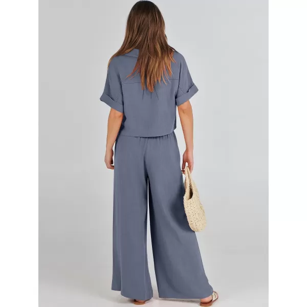 imageANRABESS Womens 2 Piece Outfits Lounge Sets 2024 Summer Short Sleeve V Neck Crop Top Wide Leg Pants Casual Resort WearGrey Blue