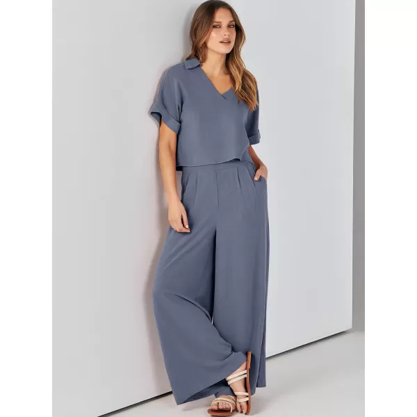 imageANRABESS Womens 2 Piece Outfits Lounge Sets 2024 Summer Short Sleeve V Neck Crop Top Wide Leg Pants Casual Resort WearGrey Blue