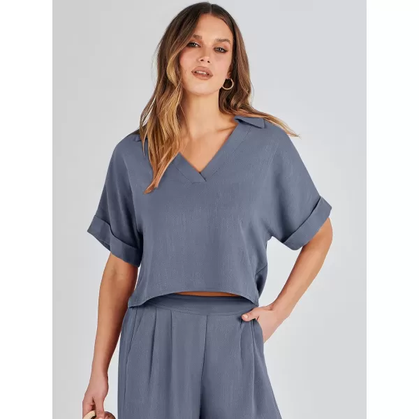 imageANRABESS Womens 2 Piece Outfits Lounge Sets 2024 Summer Short Sleeve V Neck Crop Top Wide Leg Pants Casual Resort WearGrey Blue