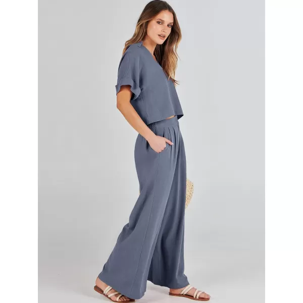 imageANRABESS Womens 2 Piece Outfits Lounge Sets 2024 Summer Short Sleeve V Neck Crop Top Wide Leg Pants Casual Resort WearGrey Blue