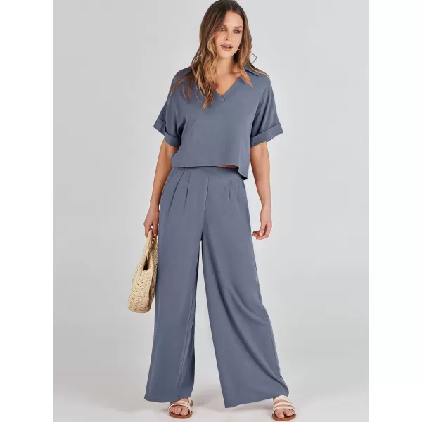 imageANRABESS Womens 2 Piece Outfits Lounge Sets 2024 Summer Short Sleeve V Neck Crop Top Wide Leg Pants Casual Resort WearGrey Blue