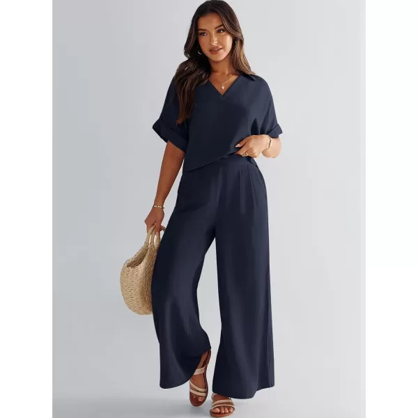 imageANRABESS Womens 2 Piece Outfits Lounge Sets 2024 Summer Short Sleeve V Neck Crop Top Wide Leg Pants Casual Resort WearNavy Blue
