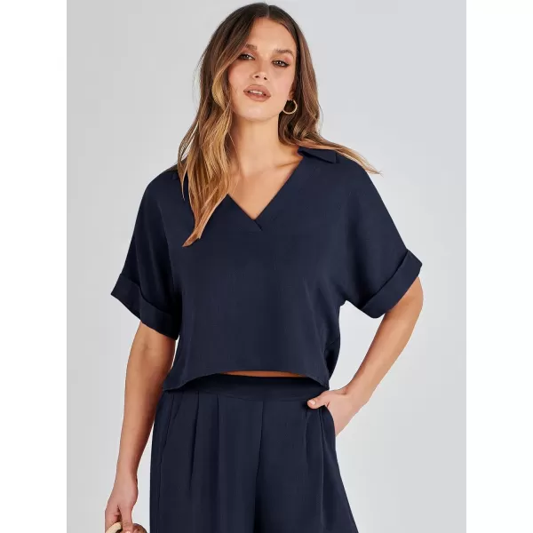 imageANRABESS Womens 2 Piece Outfits Lounge Sets 2024 Summer Short Sleeve V Neck Crop Top Wide Leg Pants Casual Resort WearNavy Blue