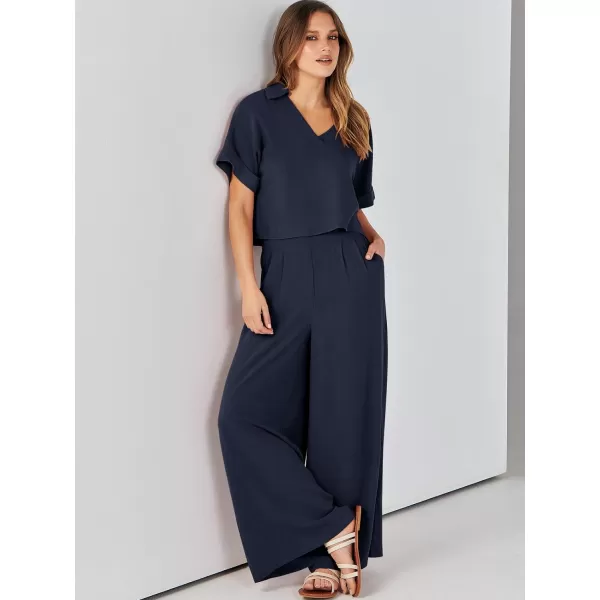 imageANRABESS Womens 2 Piece Outfits Lounge Sets 2024 Summer Short Sleeve V Neck Crop Top Wide Leg Pants Casual Resort WearNavy Blue