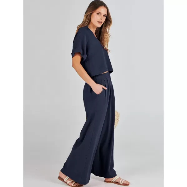 imageANRABESS Womens 2 Piece Outfits Lounge Sets 2024 Summer Short Sleeve V Neck Crop Top Wide Leg Pants Casual Resort WearNavy Blue