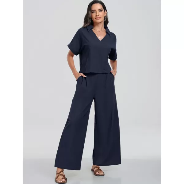 imageANRABESS Womens 2 Piece Outfits Lounge Sets 2024 Summer Short Sleeve V Neck Crop Top Wide Leg Pants Casual Resort WearNavy Blue