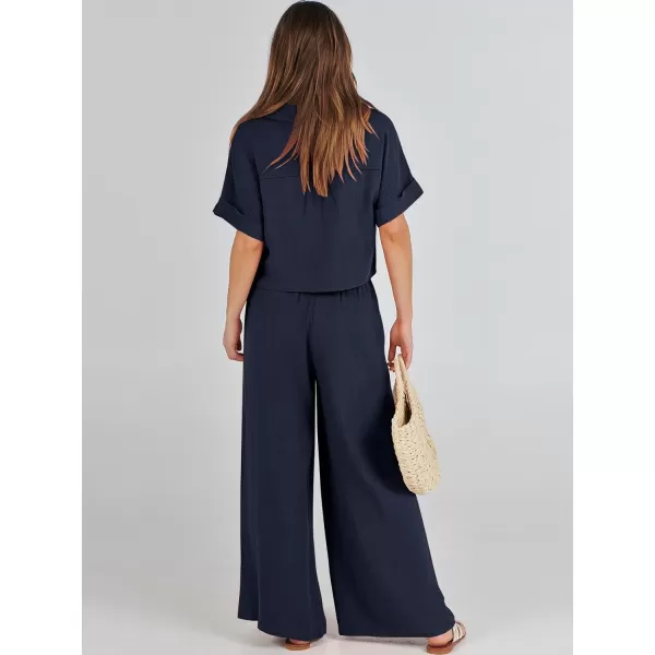 imageANRABESS Womens 2 Piece Outfits Lounge Sets 2024 Summer Short Sleeve V Neck Crop Top Wide Leg Pants Casual Resort WearNavy Blue
