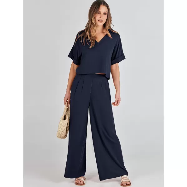 imageANRABESS Womens 2 Piece Outfits Lounge Sets 2024 Summer Short Sleeve V Neck Crop Top Wide Leg Pants Casual Resort WearNavy Blue