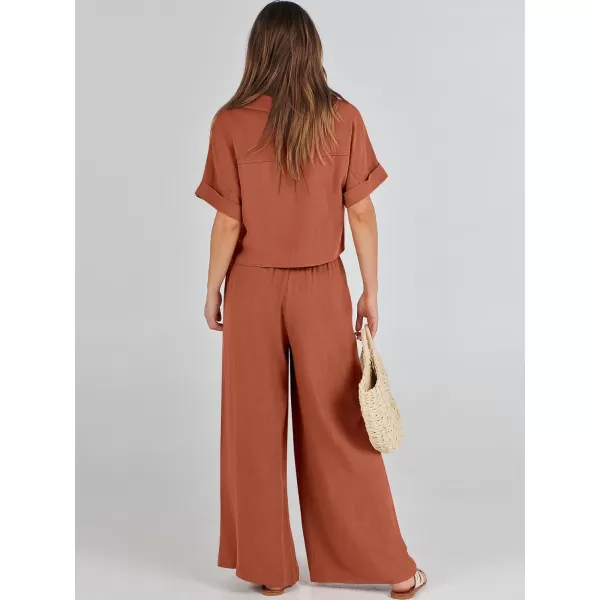 imageANRABESS Womens 2 Piece Outfits Lounge Sets 2024 Summer Short Sleeve V Neck Crop Top Wide Leg Pants Casual Resort WearRust