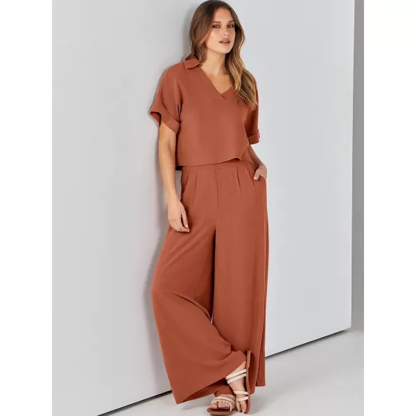 imageANRABESS Womens 2 Piece Outfits Lounge Sets 2024 Summer Short Sleeve V Neck Crop Top Wide Leg Pants Casual Resort WearRust